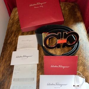Salvatore Ferragamo Black Leather Belt with Gold Buckle
